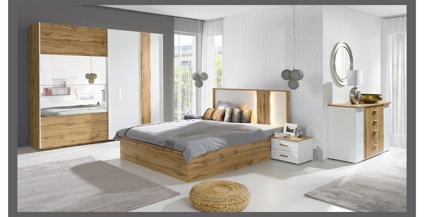 Lit adulte design WOOD 160x200 cm + option coffre + LED dans la tête de lit.