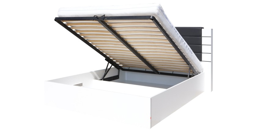 Lit double 160 cm avec option coffre LINA. Coloris noir et blanc brillant avec une finition en simili cuir. Sommier inclus