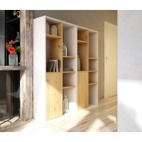 Étagère design JERICHO, 160 cm, 6 niches, design et moderne, coloris blanc mat et chêne
