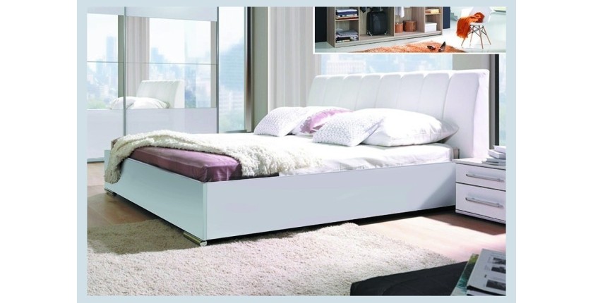 lit design en simili cuir blanc 160 x 200 cm avec option coffre et 2 chevets VERONA. Meuble design pour chambre à coucher