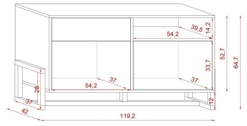 Commode design GEILO, 140 cm, 1 tiroir et 2 portes, coloris noir mat et hêtre