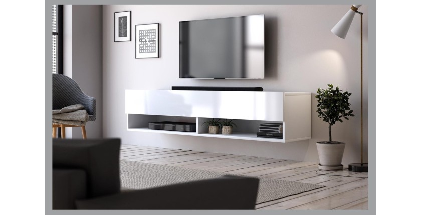 Meuble TV suspendu design CLUJ, 140 cm, 1 porte et 2 niches, coloris blanc et blanc brillant.