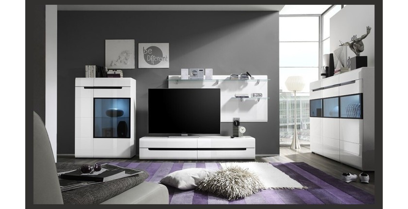Meuble TV 180cm Collection LUCIA. 2 tiroirs, coloris blanc, façades brillantes. Style design.