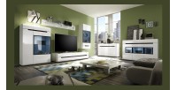 Meuble TV 180cm Collection LUCIA. 2 tiroirs, coloris blanc, façades brillantes. Style design.
