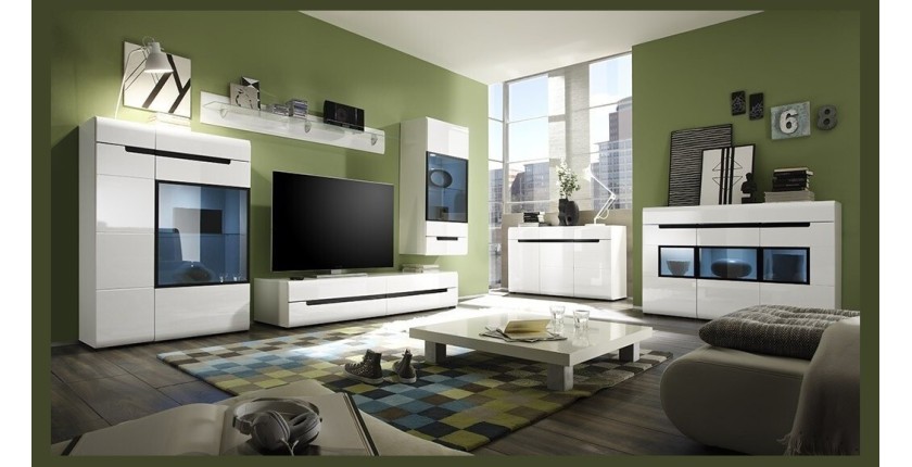 Meuble TV 180cm Collection LUCIA. 2 tiroirs, coloris blanc, façades brillantes. Style design.