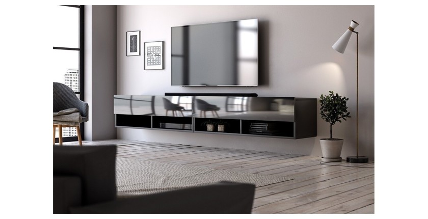 Meuble TV suspendu design CLUJ, 200 cm, 2 portes et 4 niches, coloris noir et noir brillant.