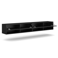 Meuble TV suspendu design CLUJ, 200 cm, 2 portes et 4 niches, coloris noir et noir brillant.