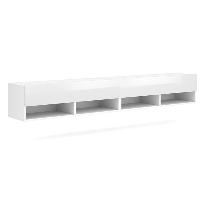 Meuble TV suspendu design CLUJ, 200 cm, 2 portes et 4 niches, coloris blanc et blanc brillant.