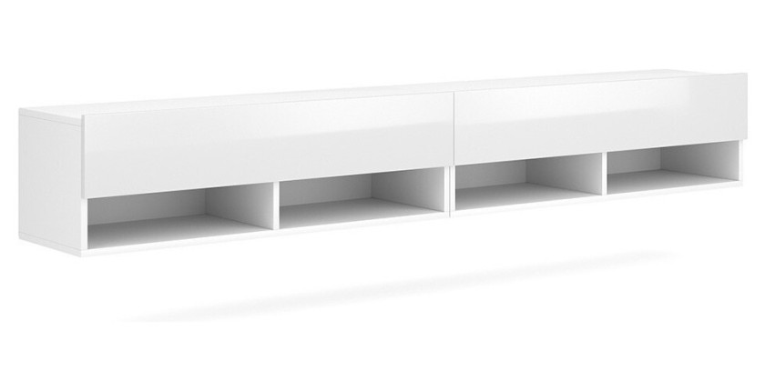 Meuble TV suspendu design CLUJ, 200 cm, 2 portes et 4 niches, coloris blanc et blanc brillant.