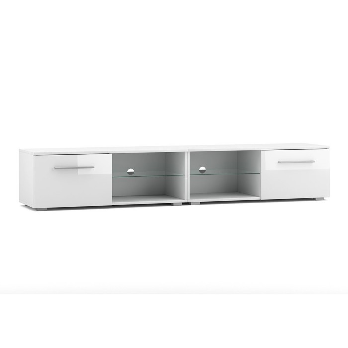 Meuble TV design LEON II XXL, 2 mètres, 2 portes et 4 niches, coloris blanc et blanc brillant