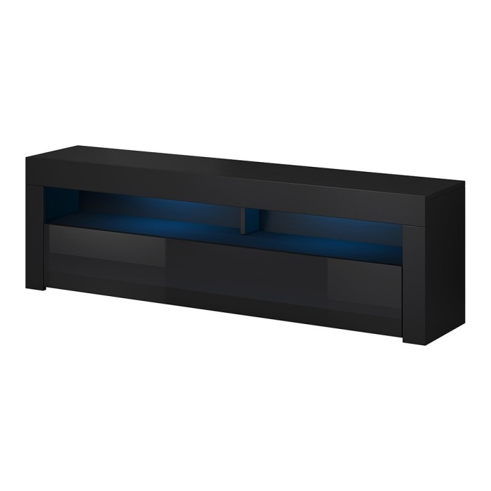 Meuble TV design MEXICO 140 cm, 1 porte et 1 niche, coloris noir + LED