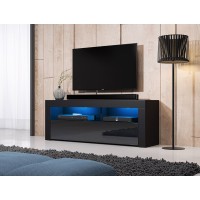 Meuble TV design MEXICO 140 cm, 1 porte et 1 niche, coloris noir + LED