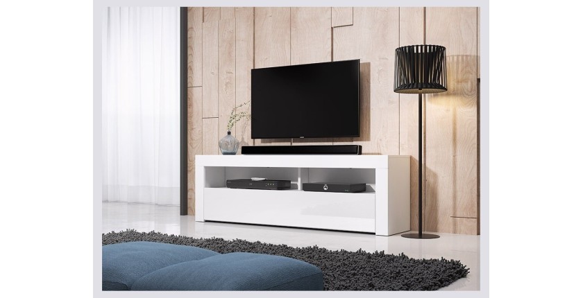 Meuble TV design MEXICO 160 cm, 1 porte et 1 niche, coloris blanc mat et blanc brillant