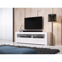 Meuble TV design MEXICO 160 cm, 1 porte et 1 niche, coloris blanc mat et blanc brillant