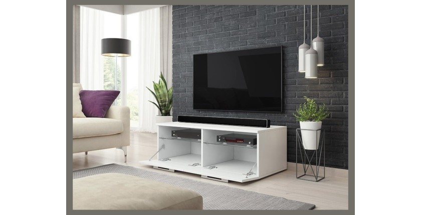 Meuble TV design BONNIE 100 cm, 2 portes et 2 niches, coloris noir mat et noir brillant