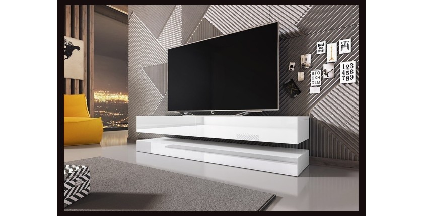 Meuble TV design suspendu FLY 140 cm à 2 tiroirs, coloris blanc mat et blanc brillant