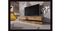 Meuble TV design suspendu FLY 140 cm à 2 tiroirs, coloris chêne