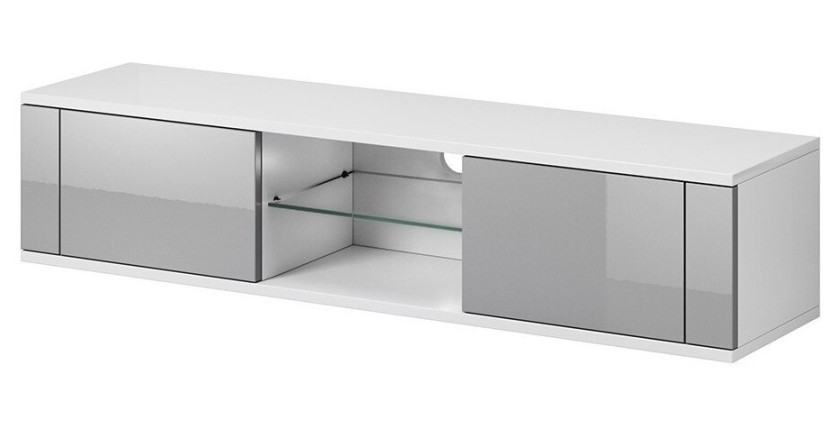 Meuble TV design PARIS-HIT 140 cm, 2 portes et 2 niches, coloris blanc mat et gris brillant
