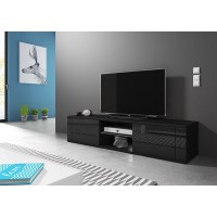 Meuble TV design PARIS-HIT 140 cm, 2 portes et 2 niches, coloris noir mat et noir brillant