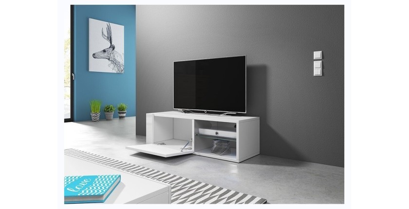 Meuble TV design BREST-HIT 100 cm, 1 porte et 2 niches, coloris blanc mat et blanc brillant