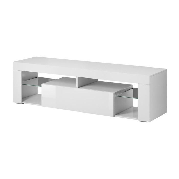 Meuble TV design MONTBLANC 140 cm, 1 porte et 2 niches, coloris blanc mat et blanc brillant