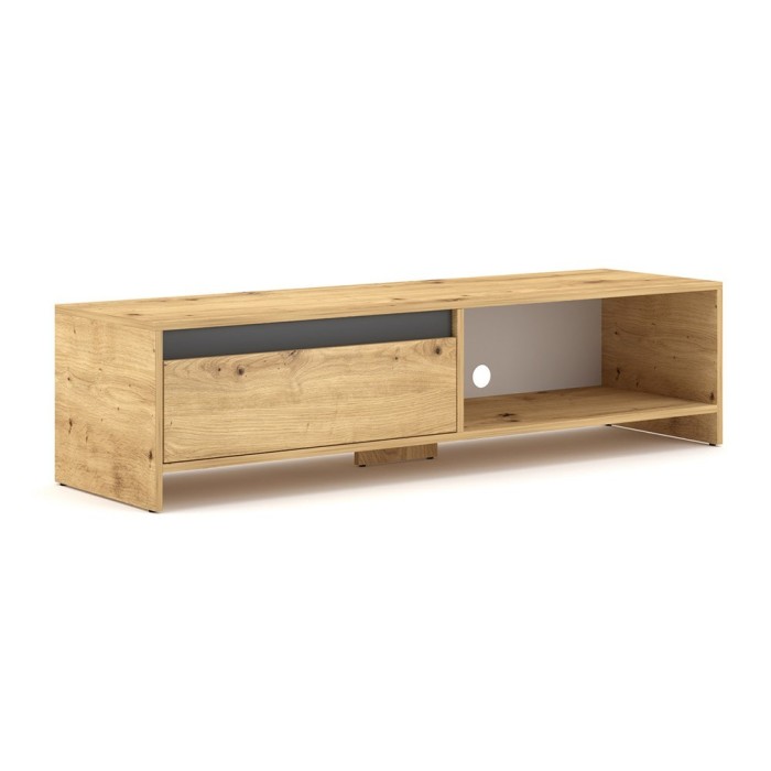 Meuble TV design LISSE 140 cm, 1 porte et 1 niche, coloris chêne clair.