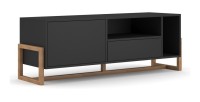 Meuble TV design GEILO, 140cm, 2 portes, coloris noir mat et hêtre.