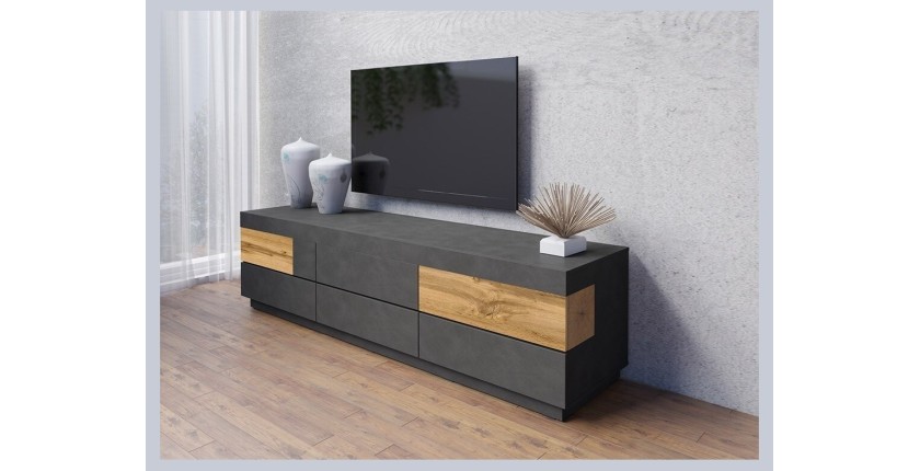 Meuble TV XL 200cm collection KILES. Coloris gris anthracite et chêne. Style design.