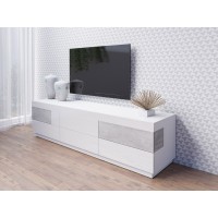 Meuble TV XL 200cm collection KILES. Coloris blanc et gris. Style design.