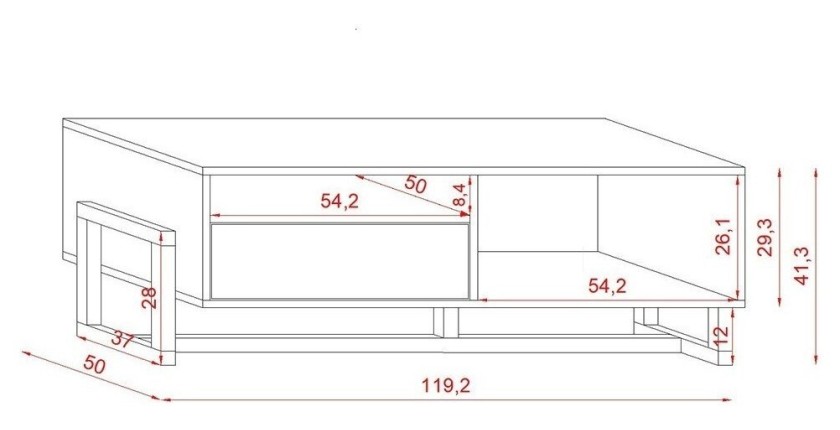 Table basse design GEILO 1 tiroir et 2 niches, coloris hêtre et noir mat