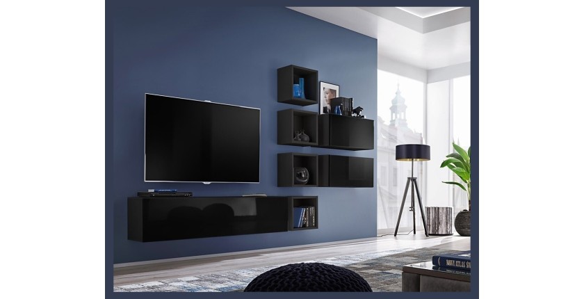 Ensemble meuble TV mural CUBE 7 design coloris noir et noir brillant. Meuble de salon suspendu