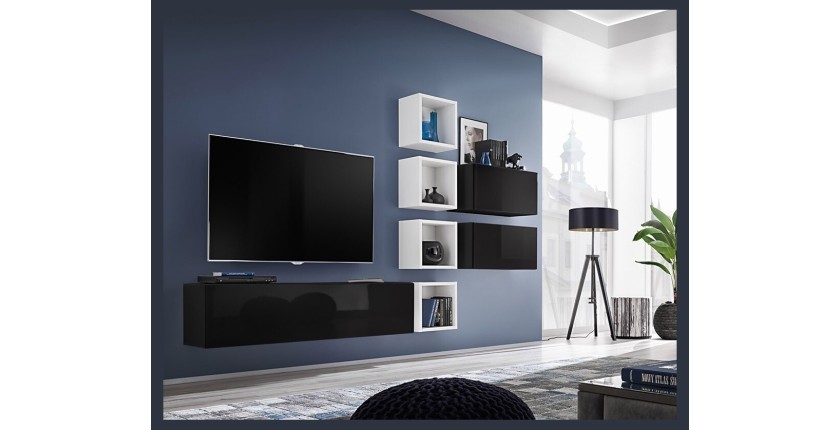 Ensemble meuble TV mural CUBE 7 design coloris noir et blanc. Meuble de salon suspendu