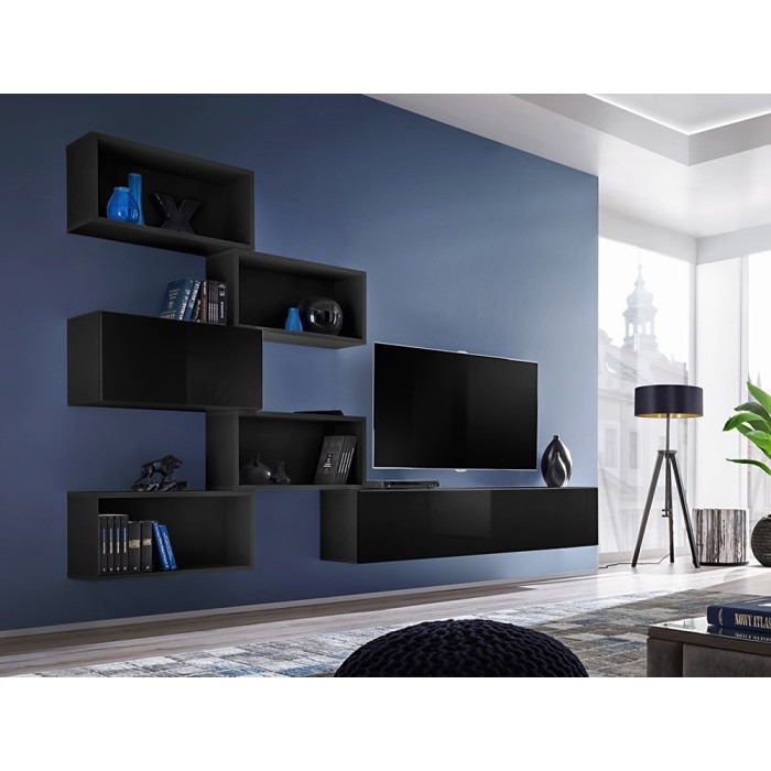 Ensemble meuble TV mural CUBE 8 design coloris noir et noir brillant. Meuble de salon suspendu