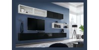 Ensemble meuble TV mural CUBE 14 design coloris noir et blanc. Meuble de salon suspendu