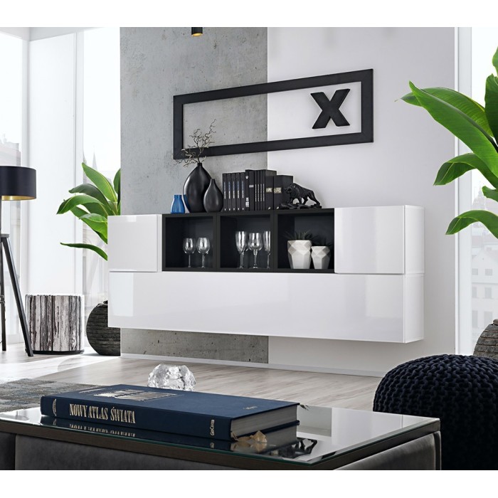 Composition de meubles murales CUBES 5 design coloris blanc et noir. Meuble de salon suspendu