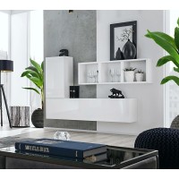 Composition de meubles murales CUBES 6 design coloris blanc et blanc brillant. Meuble de salon suspendu