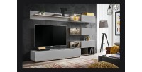 Ensemble de meubles pour votre salon KLIS. Composition murale coloris gris perle et chêne. LED incluses. Meuble tv design