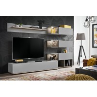 Ensemble de meubles pour votre salon KLIS. Composition murale coloris gris perle et chêne. LED incluses. Meuble tv design