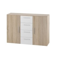 Chambre complète Irina couleur chêne et blanc : Lit 180x200 cm + armoire + commode + chevets.