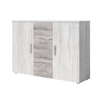 Chambre complète Irina imitation bois gris clair et gris foncé : Lit 180x200 cm + armoire + commode + chevets.