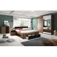Chambre à coucher EOS : Armoire, Lit 160x200, commode, chevets. Couleur chêne foncé et noir