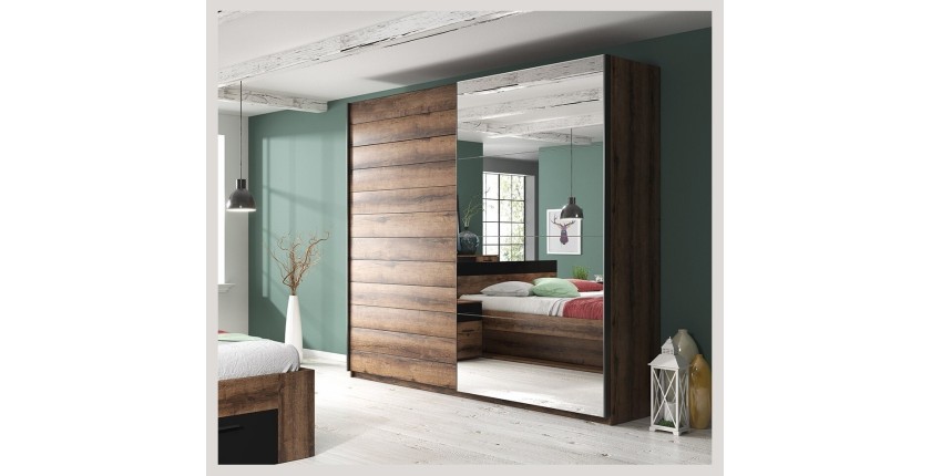 Chambre à coucher EOS : Armoire 200cm, Lit 160x200, commode, chevets. Couleur chêne foncé et noir