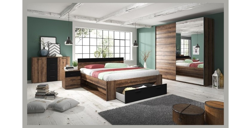 Chambre à coucher EOS : Armoire 200cm, Lit 160x200, commode, chevets. Couleur chêne foncé et noir