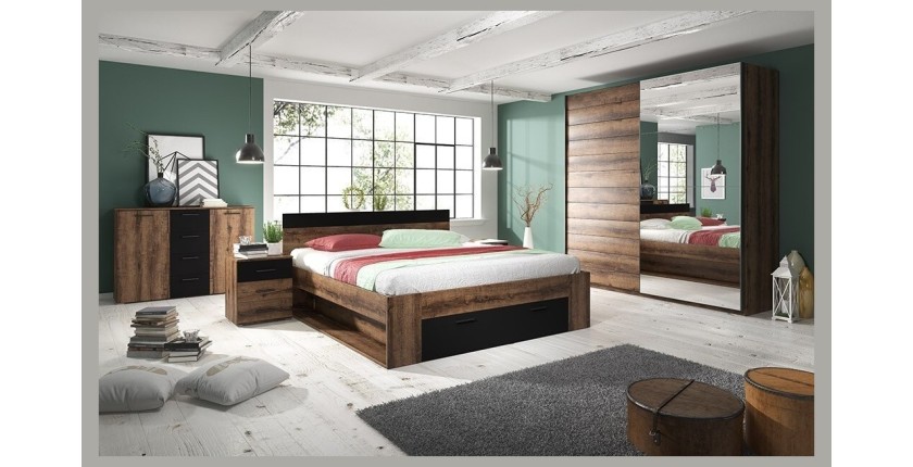 Chambre à coucher EOS : Armoire 2 mètres, Lit 180x200, commode, chevets. Couleur chêne foncé et noir