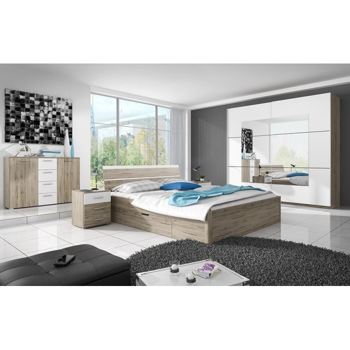 Chambre à coucher EOS : Armoire, Lit 160x200, commode, chevets. Couleur chêne clair et blanc