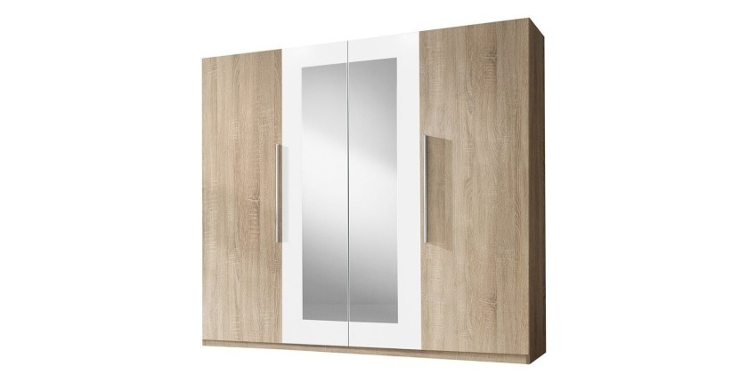 Armoire 4 portes avec miroirs couleur chêne et blanc - IRINA