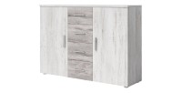 Commode 2 portes et 4 tiroirs 130cm. Collection IRINA imitation bois gris clair et gris foncé.