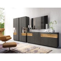 Buffet, bahut, enfilade KILES trois portes, deux tiroirs. Coloris gris anthracite et chêne. Style design.