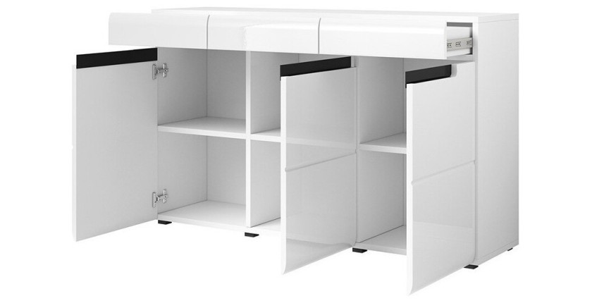 Buffet design LUCIA, 3 portes et 3 tiroirs. Coloris blanc brillant et noir