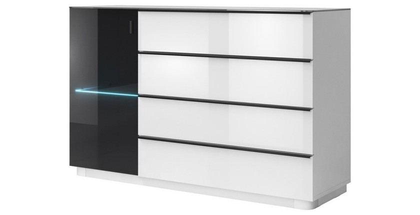 Buffet, bahut, enfilade TONGA 4 tiroirs, une porte. Look ultra design. Finition brillante. LEDS incluses